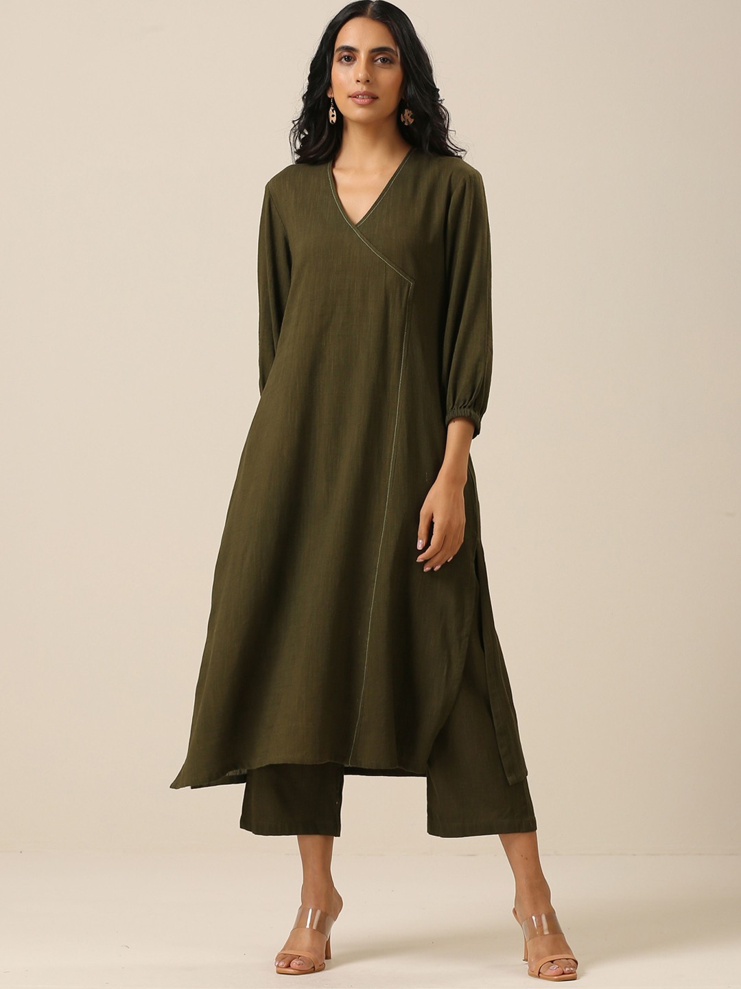 

trueBrowns A-Line Angrakha Pure Cotton Kurta with Trousers, Olive