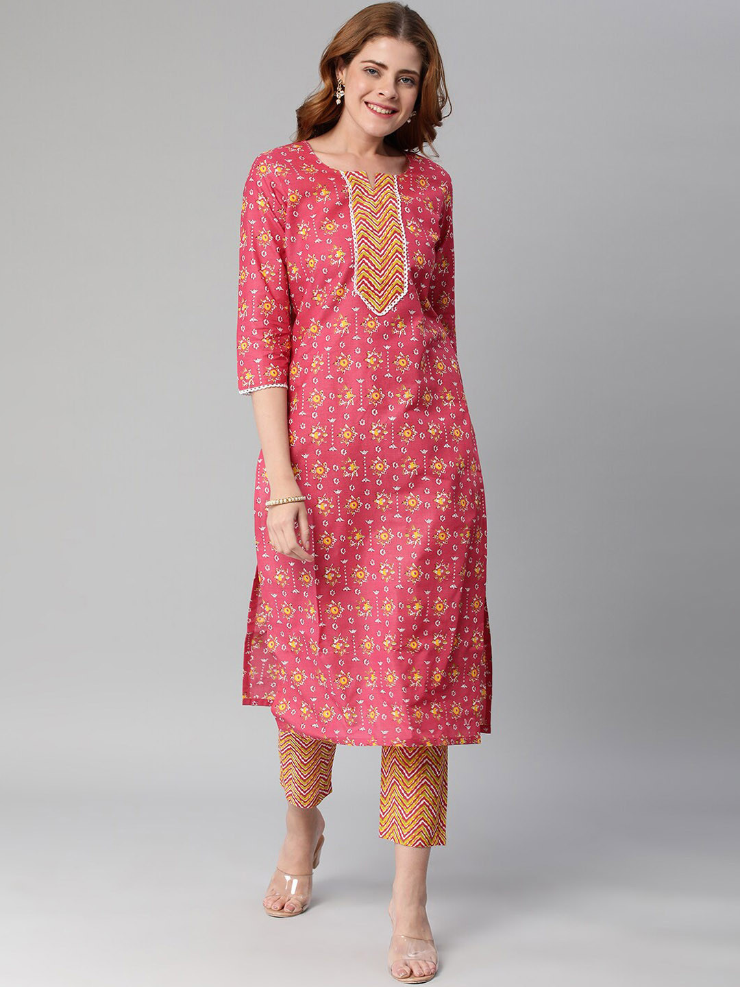 

KALINI Ethnic Motif Printed Notched Neck Gotta Patti Straight Kurta With Trousers, Pink