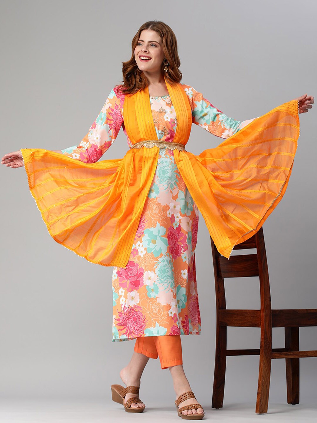

KALINI Floral Printed Thread Work Straight Kurta With Trousers & Dupatta, Orange