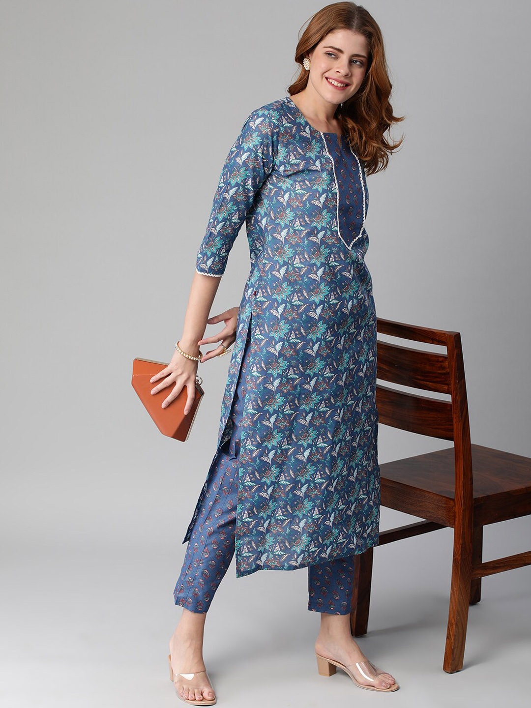 

KALINI Ethnic Motifs Printed Notched Neck Straight Kurta With Trousers, Blue