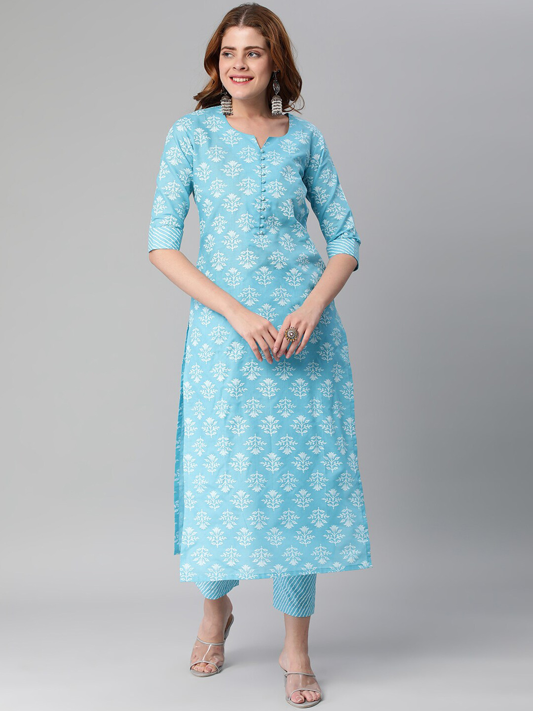 

KALINI Floral Printed Notched Neck Straight Kurta With Trousers, Turquoise blue