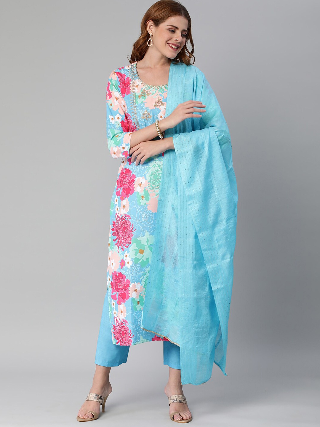 

KALINI Floral Printed Thread Work Kurta With Trousers & Dupatta, Turquoise blue