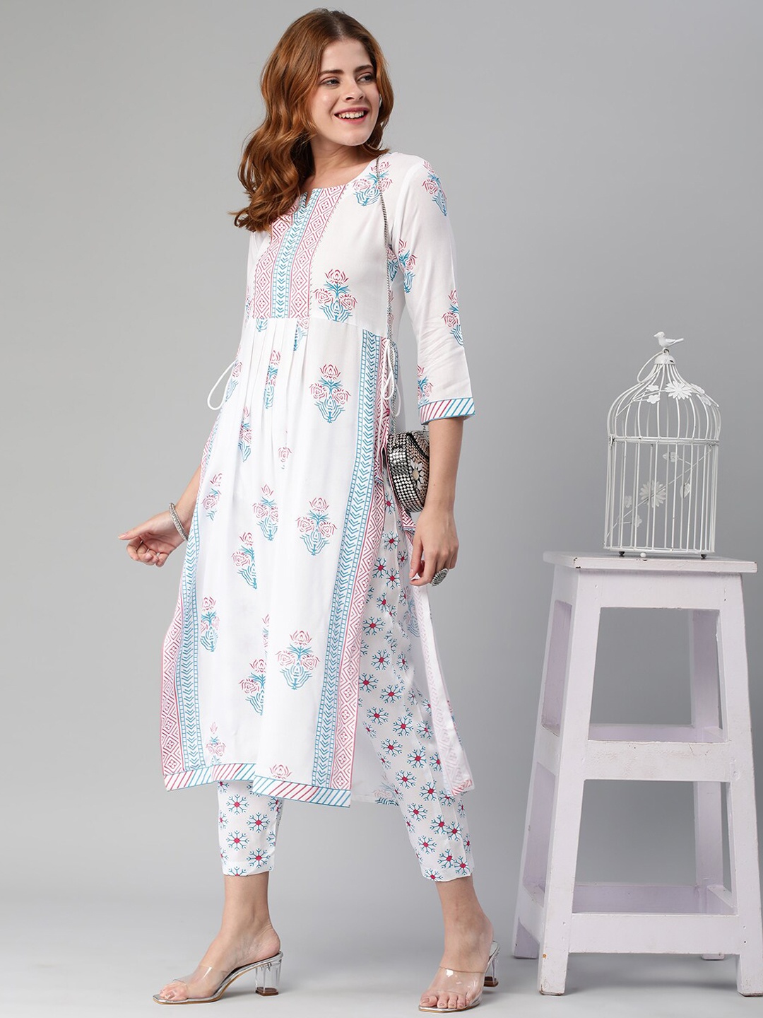 

KALINI Ethnic Motifs Printed Notched Neck A-Line Kurta With Trousers, White