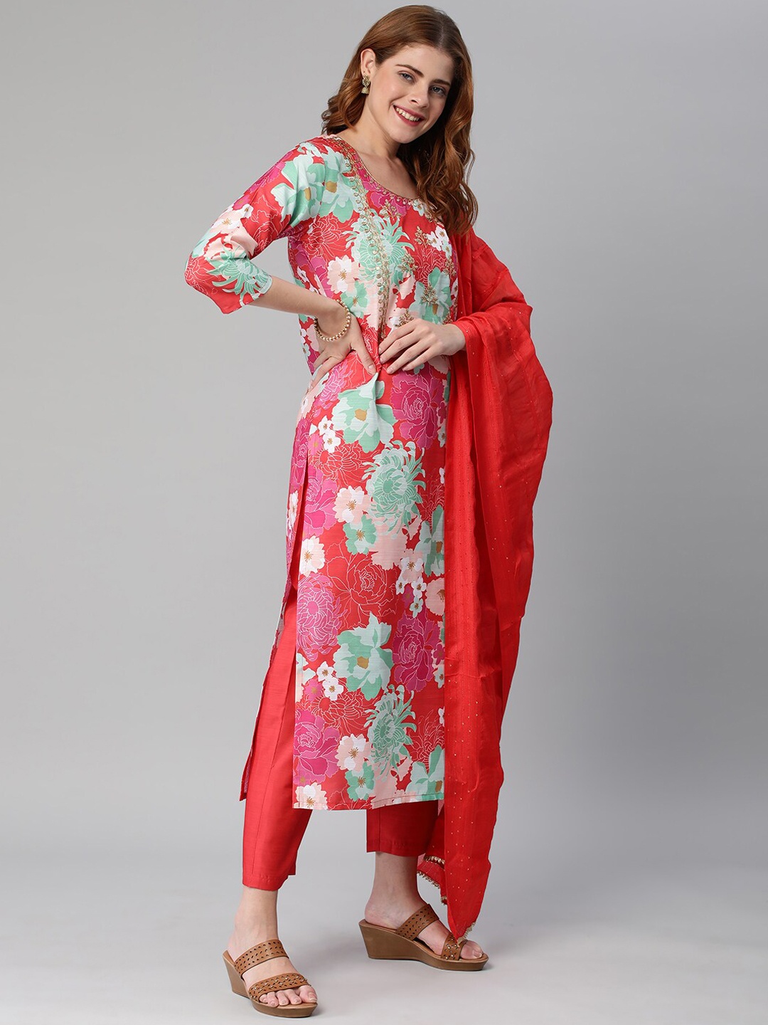 

KALINI Floral Printed Thread Work Kurta With Trousers & Dupatta, Red