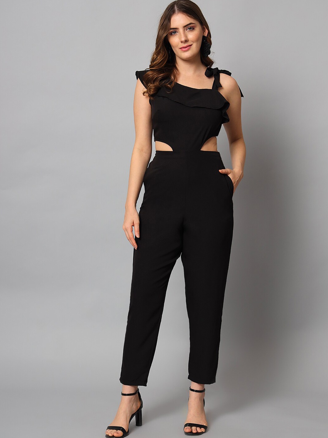 

emeros Stylized Tie-up One-Shoulder Waist-Cut Detail Jumpsuit, Black