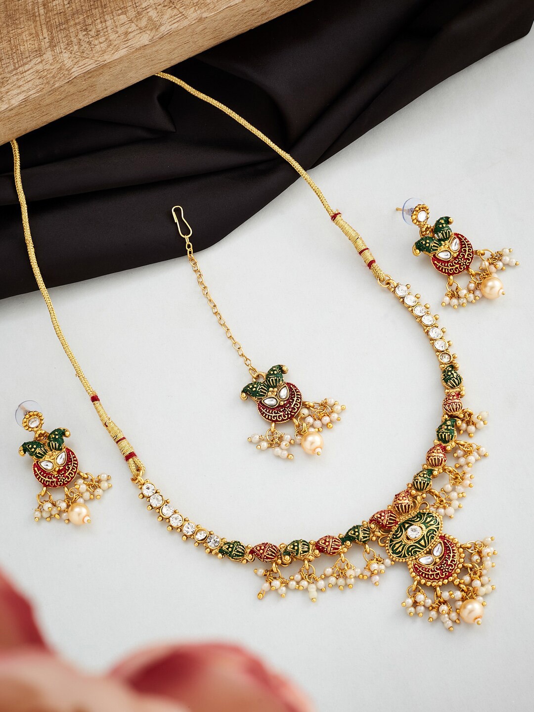

ATIBELLE Gold-Plated Crystals-Studded & Beaded Jewellery Set, Red