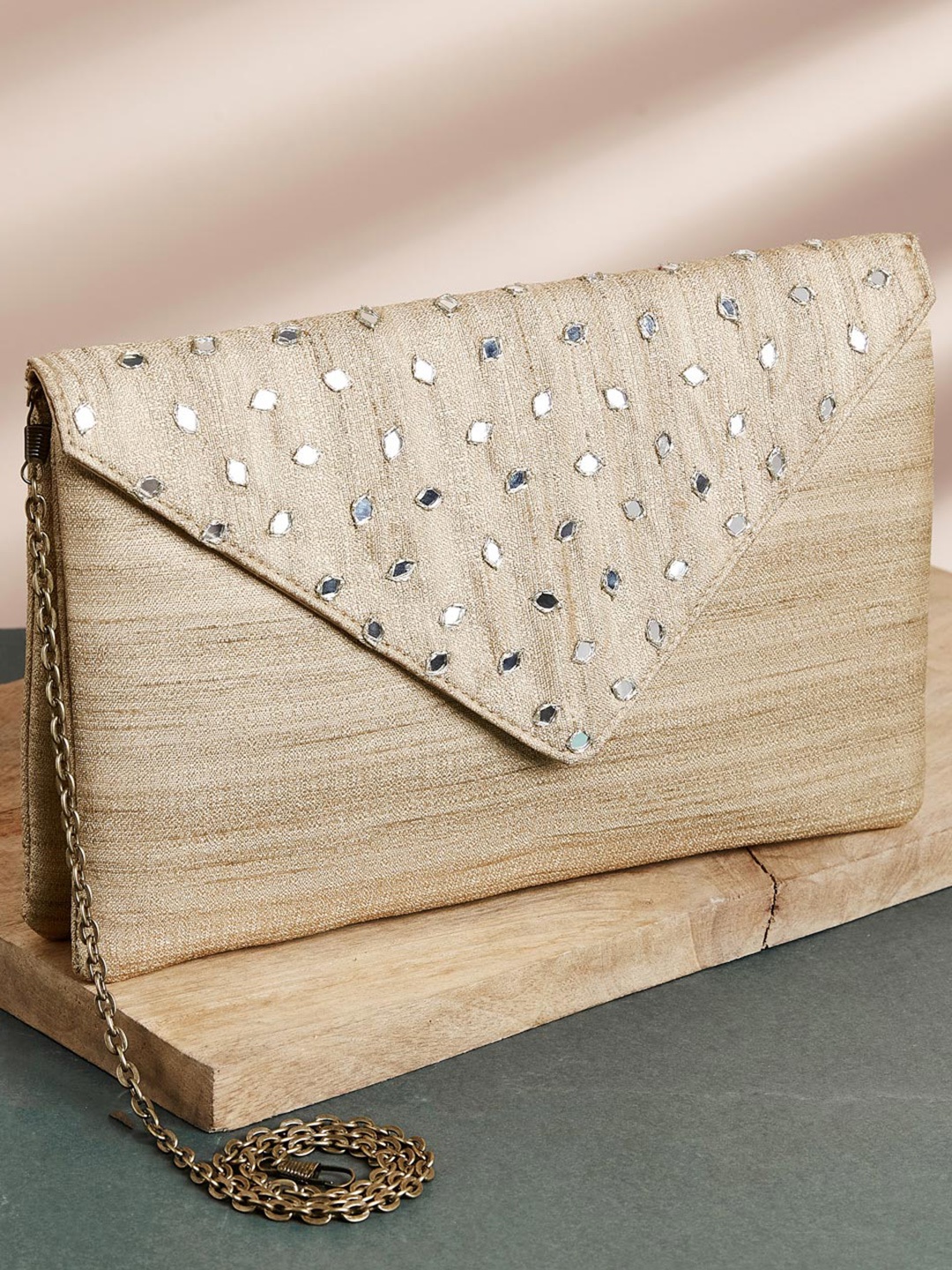 

Fabindia Striped Envelope Clutch With Embellished, Beige