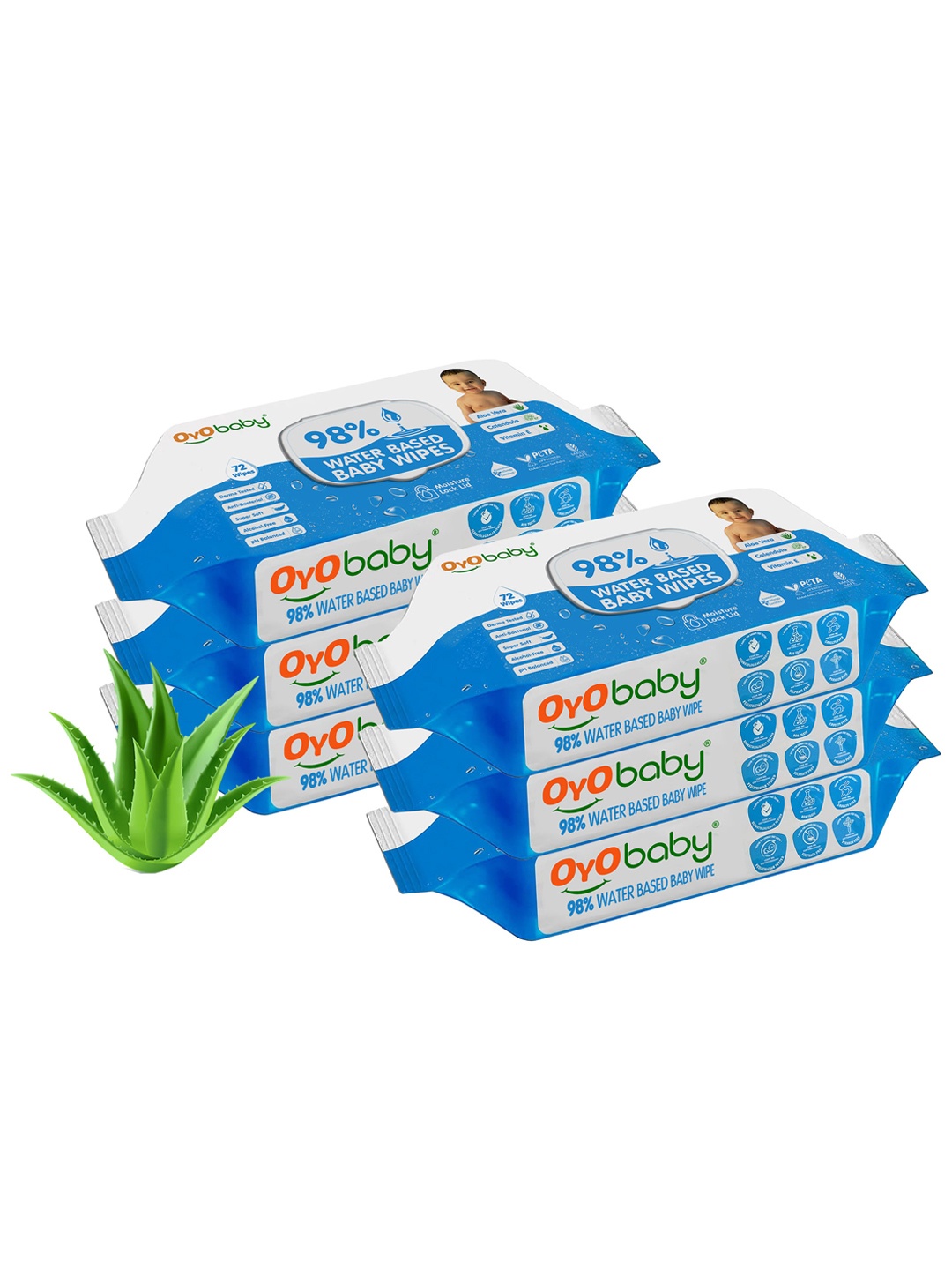 

OyO Baby Set of 6 Water Based Baby Wipes with Aloe Vera - 72 Wipes Per Pack, Blue