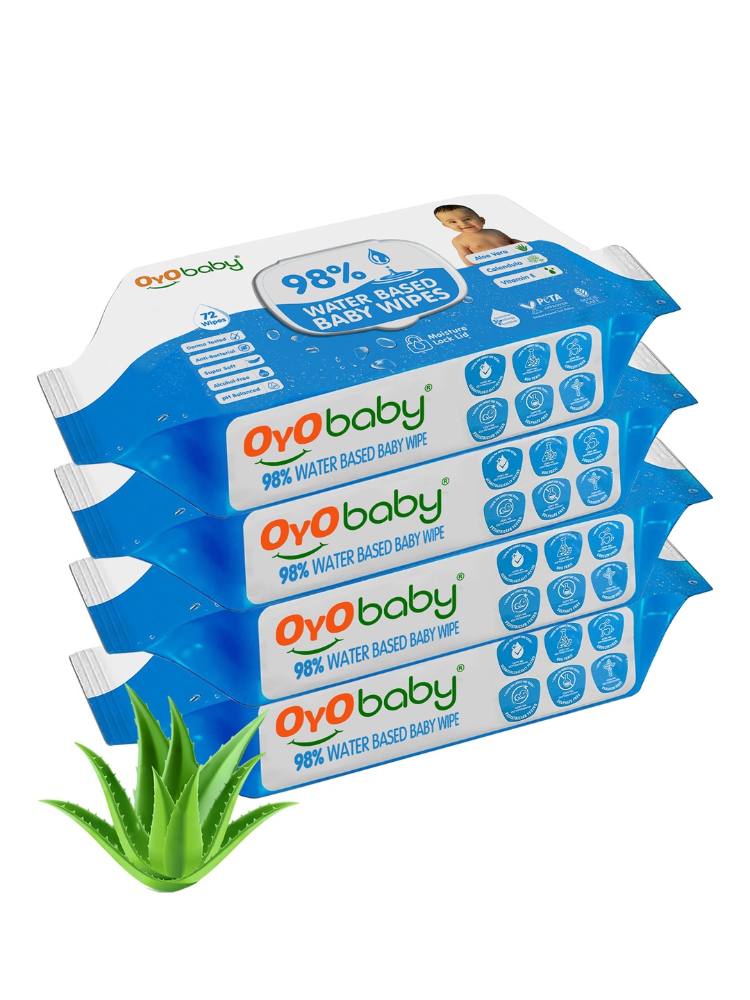 

OyO Baby Set of 4 Water Based Baby Wipes with Aloe Vera - 72 Wipes Per Pack, Blue