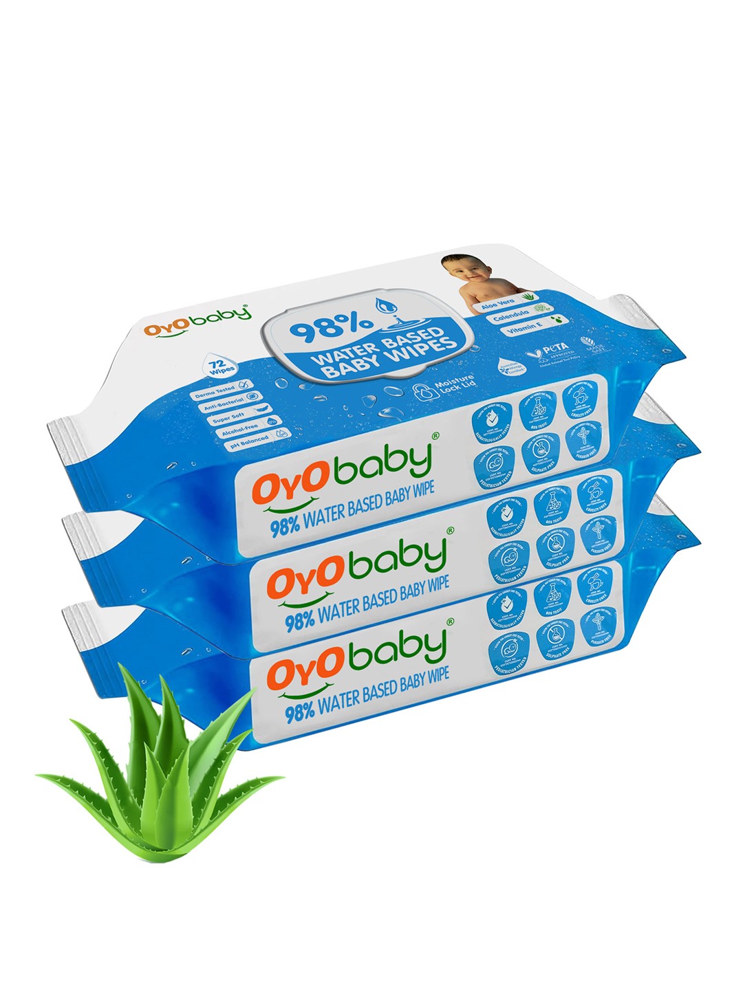 

OyO Baby Set of 3 Water Based Baby Wipes with Aloe Vera - 72 Wipes Per Pack, Blue
