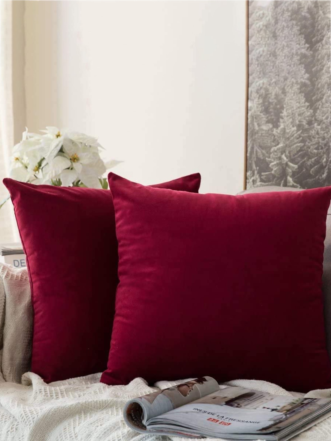 

CHANDERKASH Maroon 2 Pieces Velvet Square Cushion Covers