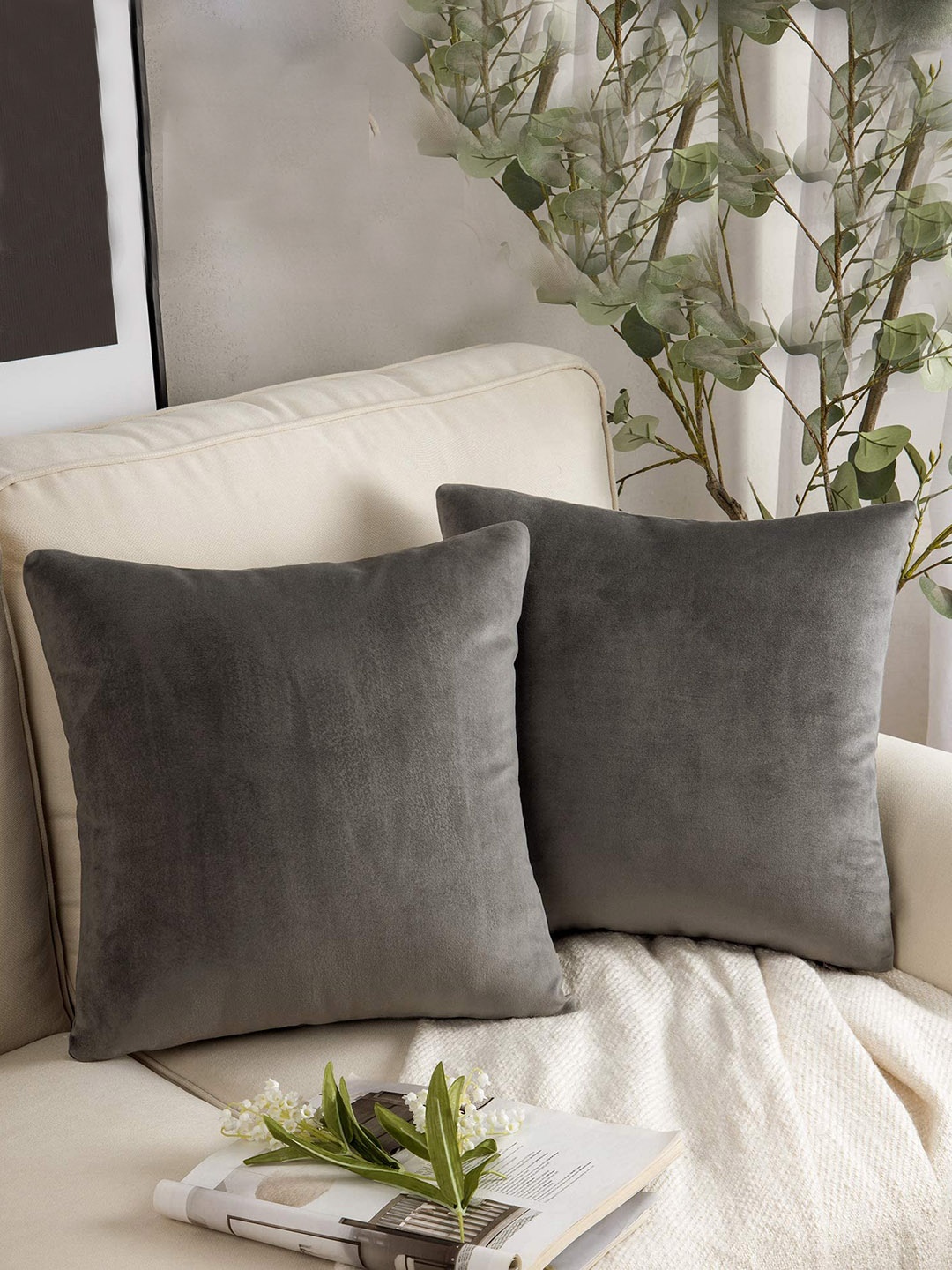 

CHANDERKASH Grey 2 Pieces Velvet Square Cushion Covers