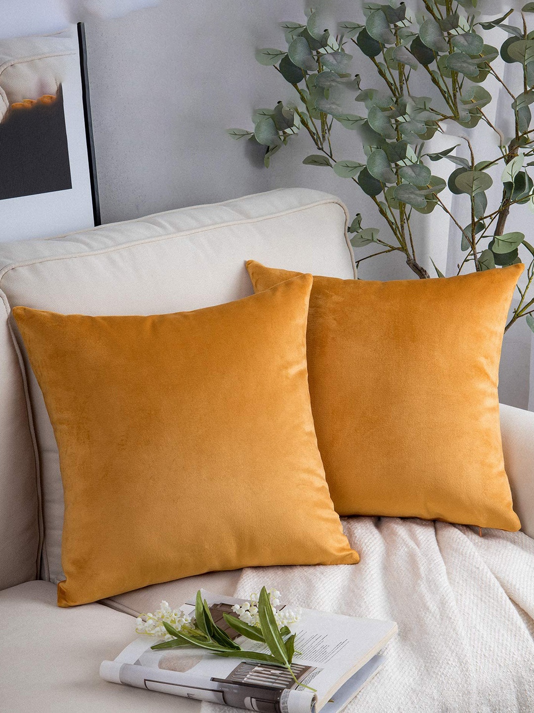 

CHANDERKASH Mustard 2 Pieces Velvet Square Cushion Covers