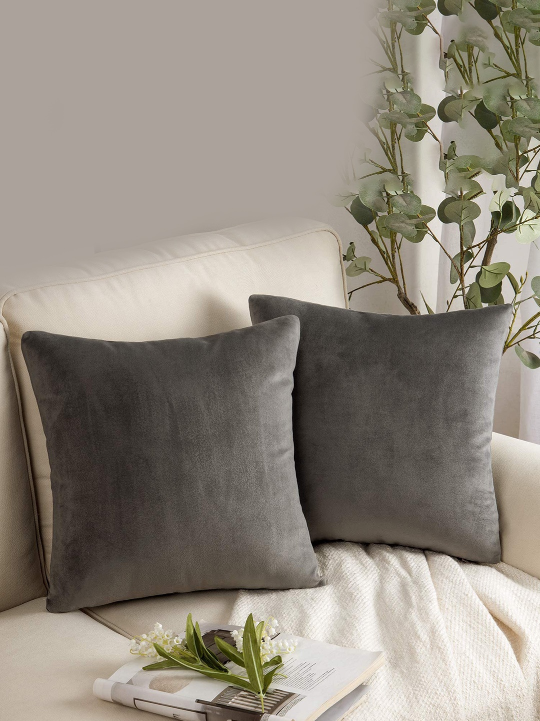 

CHANDERKASH Grey 2 Pieces Velvet Square Cushion Covers