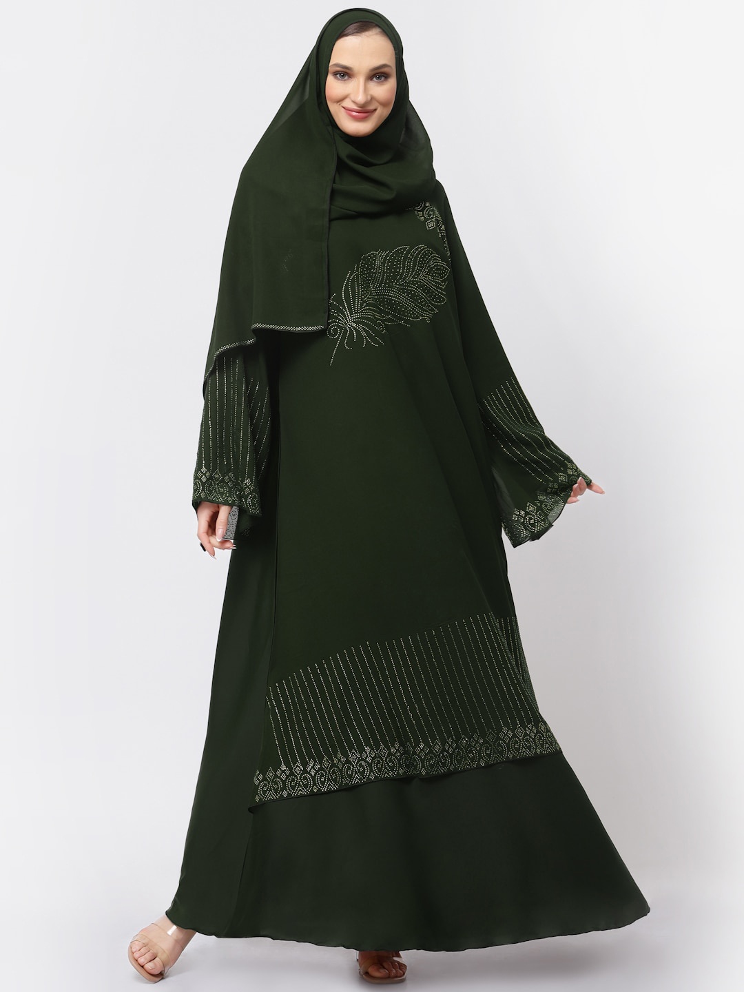 

KLOTTHE Embellished Round Neck Burqa With Scarf, Green