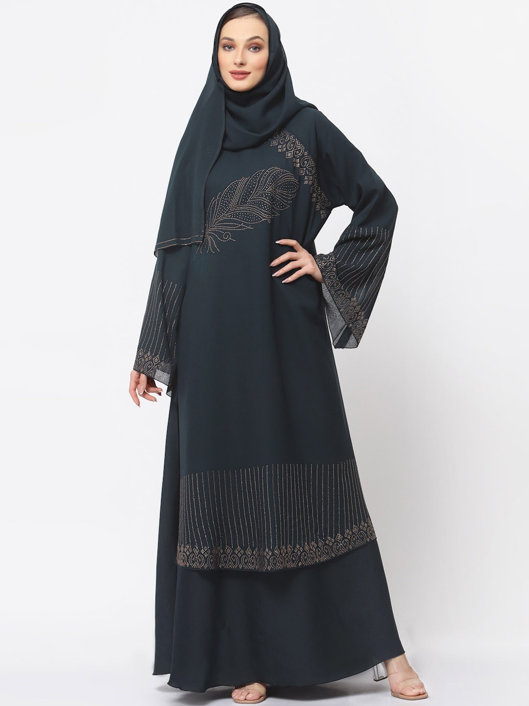

KLOTTHE Embellished Round Neck Burqa With Scarf, Grey