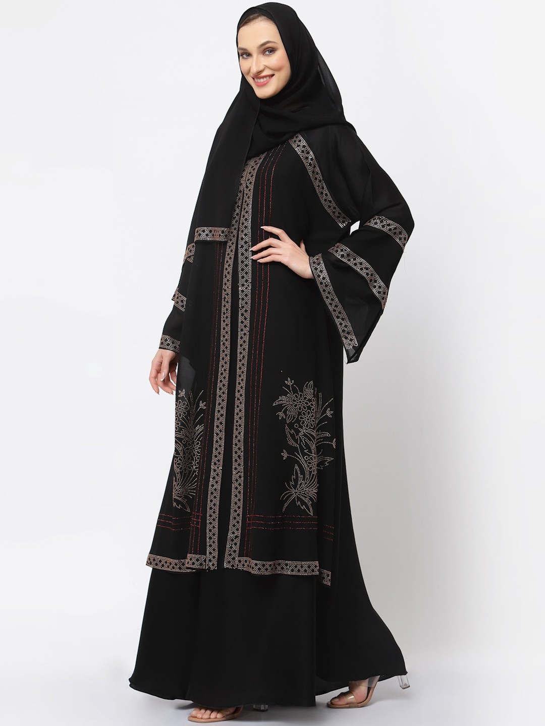 

KLOTTHE Embellished U-Neck Burqa With Scarves, Black