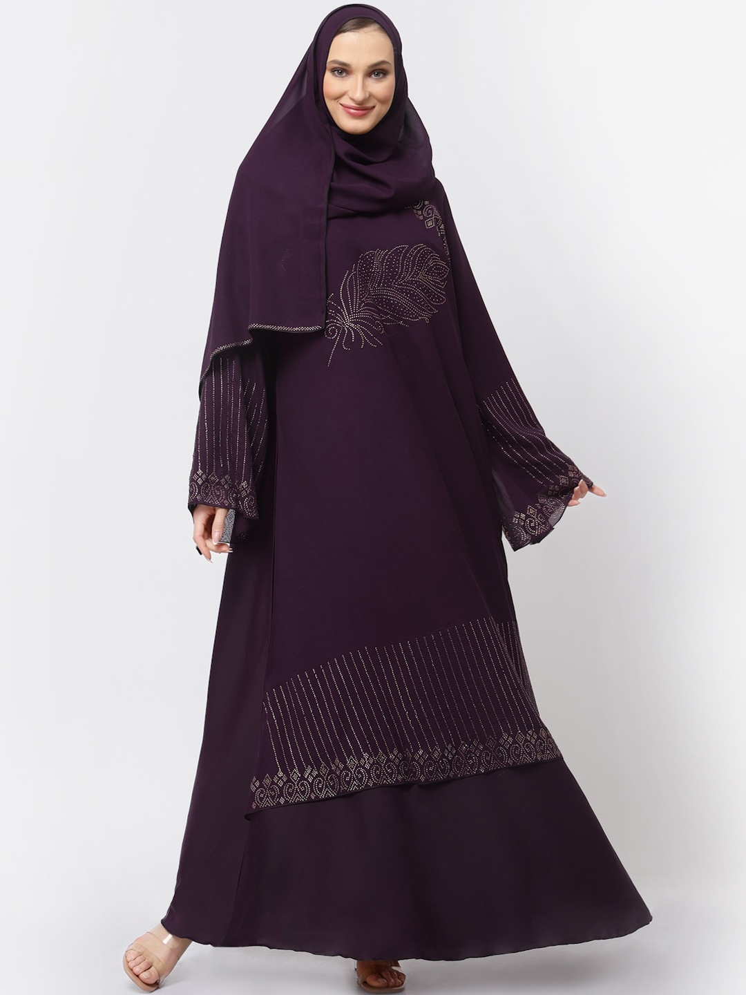 

KLOTTHE Embellished Round Neck Burqa With Scarves, Purple