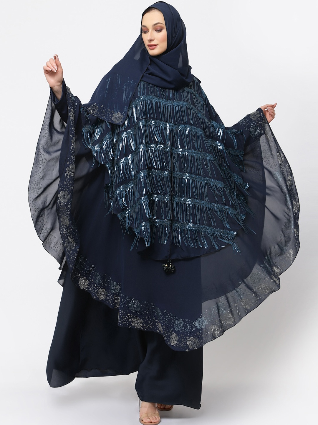 

KLOTTHE Embellished Round Neck Burqa With Scarf, Blue