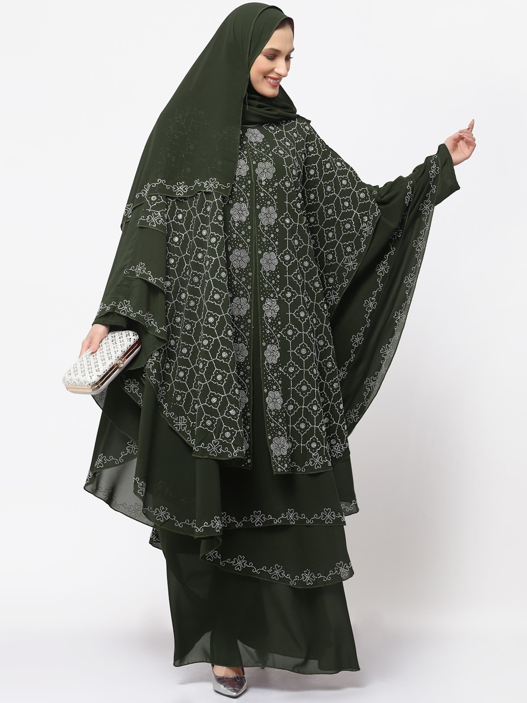 

KLOTTHE Embellished Round Neck Burqa With Scarf, Olive