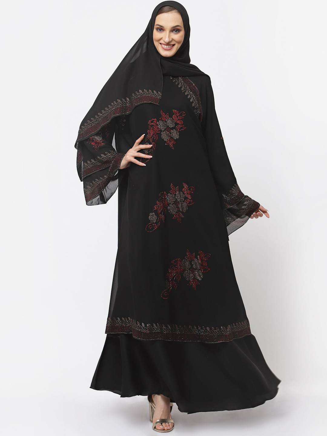 

KLOTTHE Embellished Round Neck Burqa With Scarf, Black