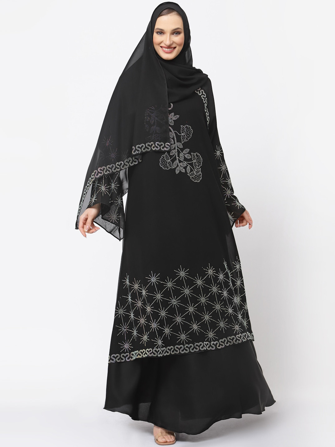 

KLOTTHE Embellished Round Neck Burqa With Scarf, Black