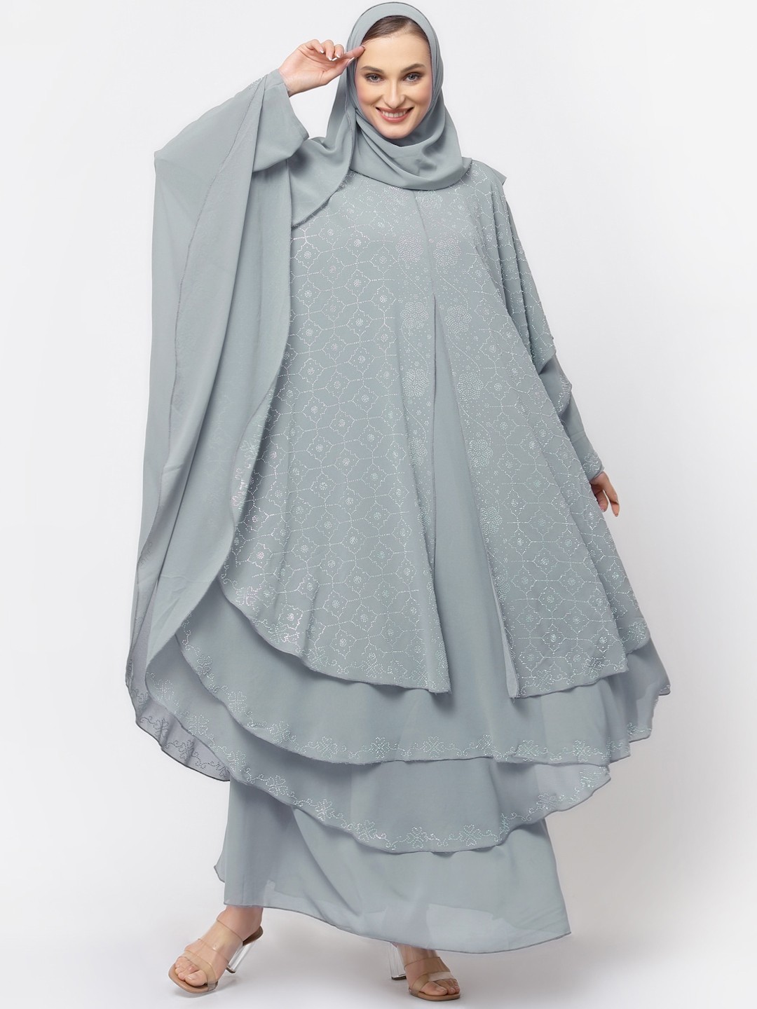 

KLOTTHE Embellished Round Neck Burqa With Scarf, Grey