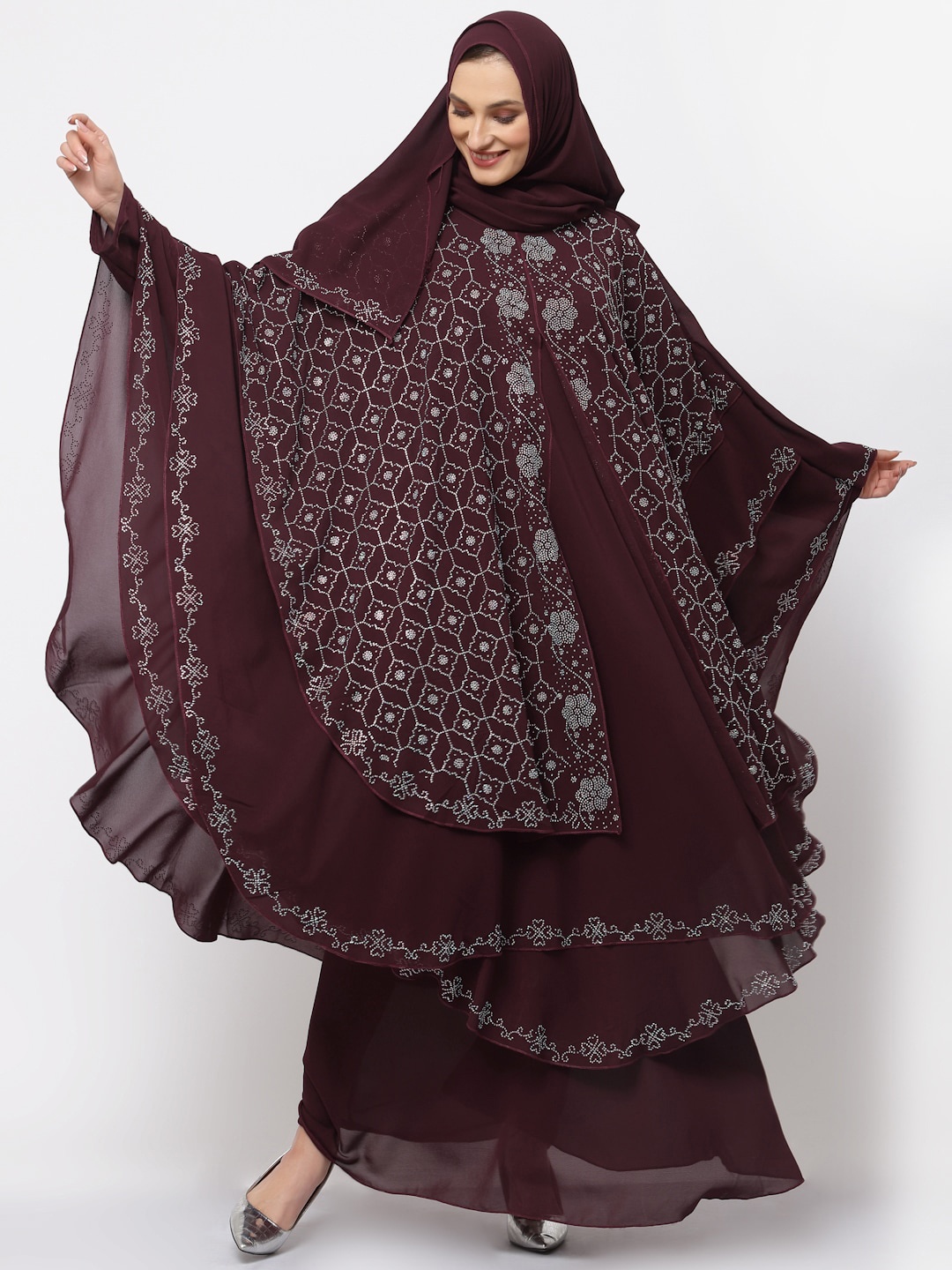 

KLOTTHE Embellished U-Neck Burqa With Scarf, Maroon