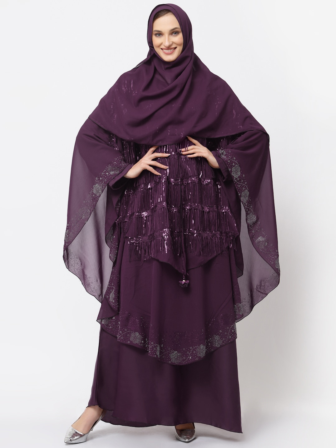 

KLOTTHE Embellished Round Neck Burqa With Scarf, Purple