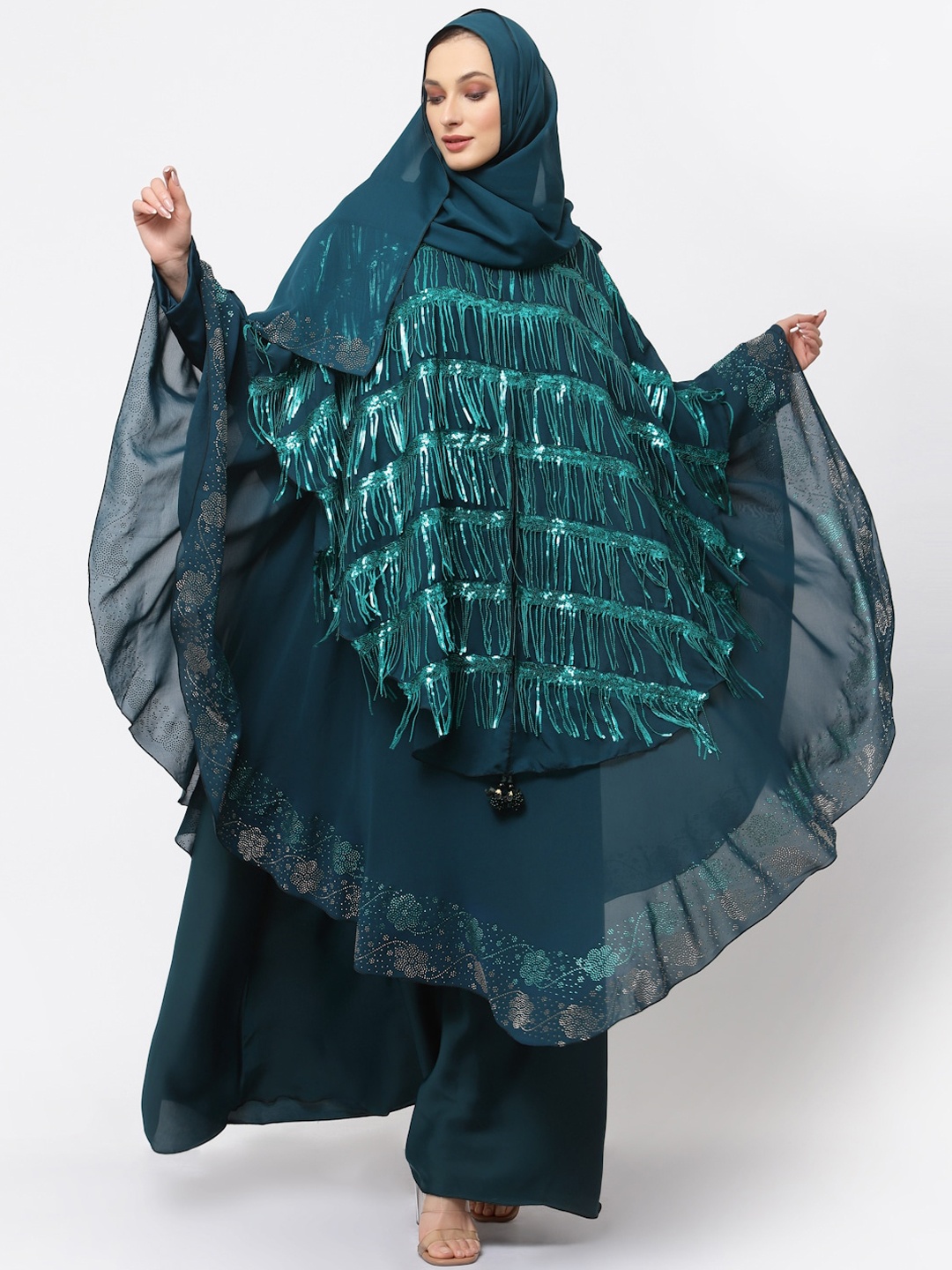 

KLOTTHE Embellished Round Neck Burqa With Scarf, Turquoise blue