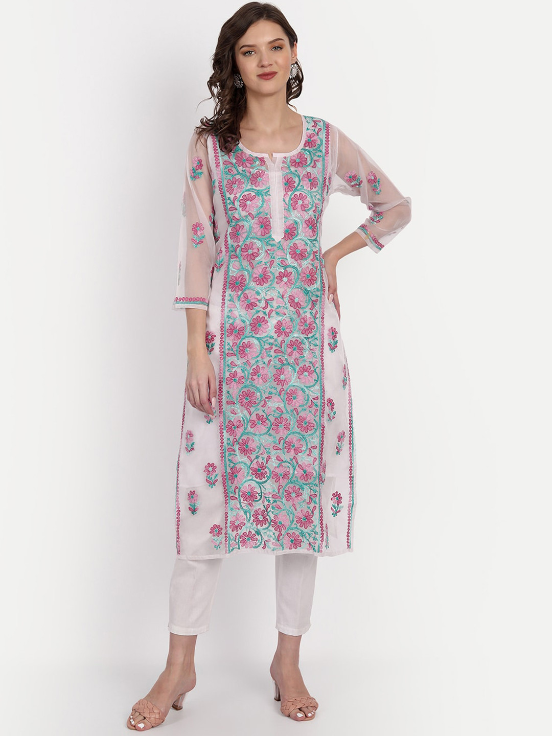 

Indiankala4u Floral Embroidered Thread Work Organza Kurta, White