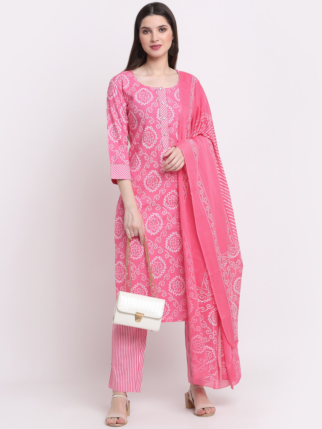 

KALINI Bandhani Printed Straight Kurta with Trousers & Dupatta, Pink