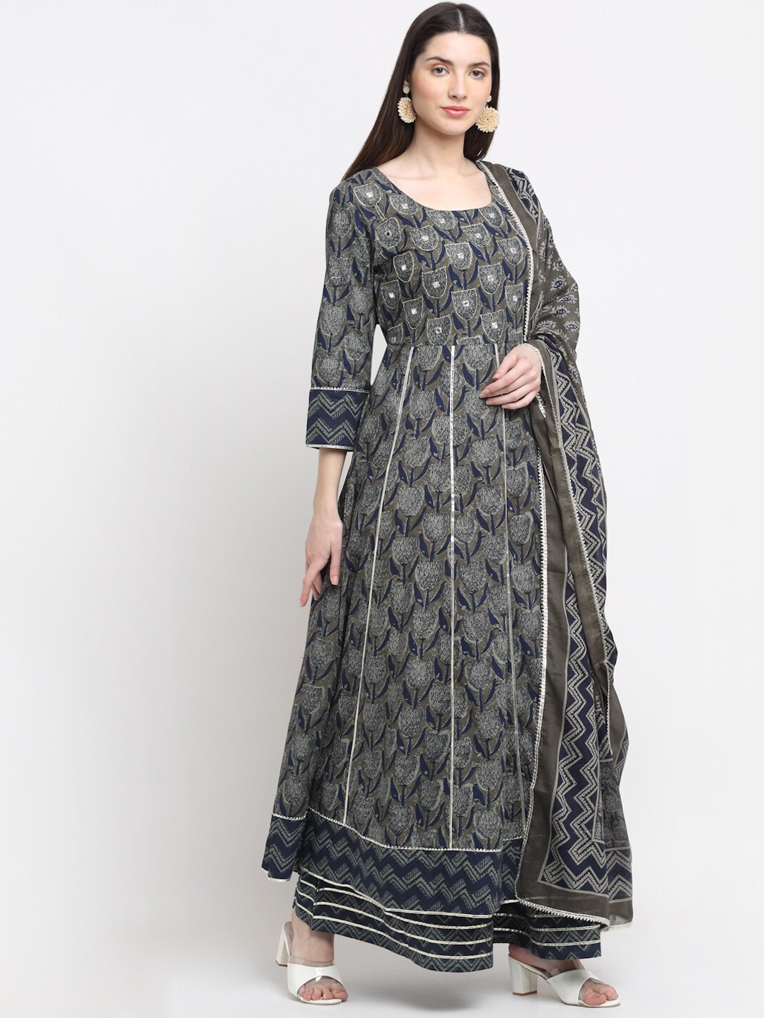 

KALINI Floral Printed Mirror Work Pure Cotton Kurta with Sharara & Dupatta, Grey