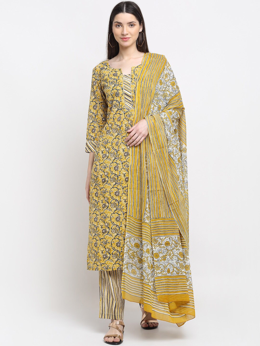 

KALINI Floral Printed Pure Cotton Kurta with Trousers & With Dupatta, Mustard