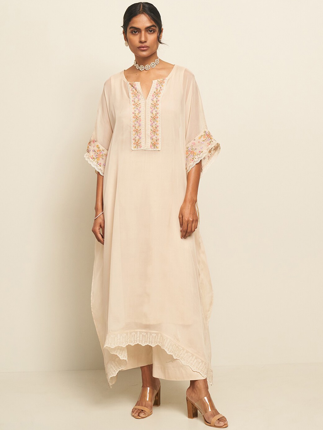 

Ganga Asymmetric Floral Yoke Design Thread Work Kaftan Kurta with Palazzos, Beige