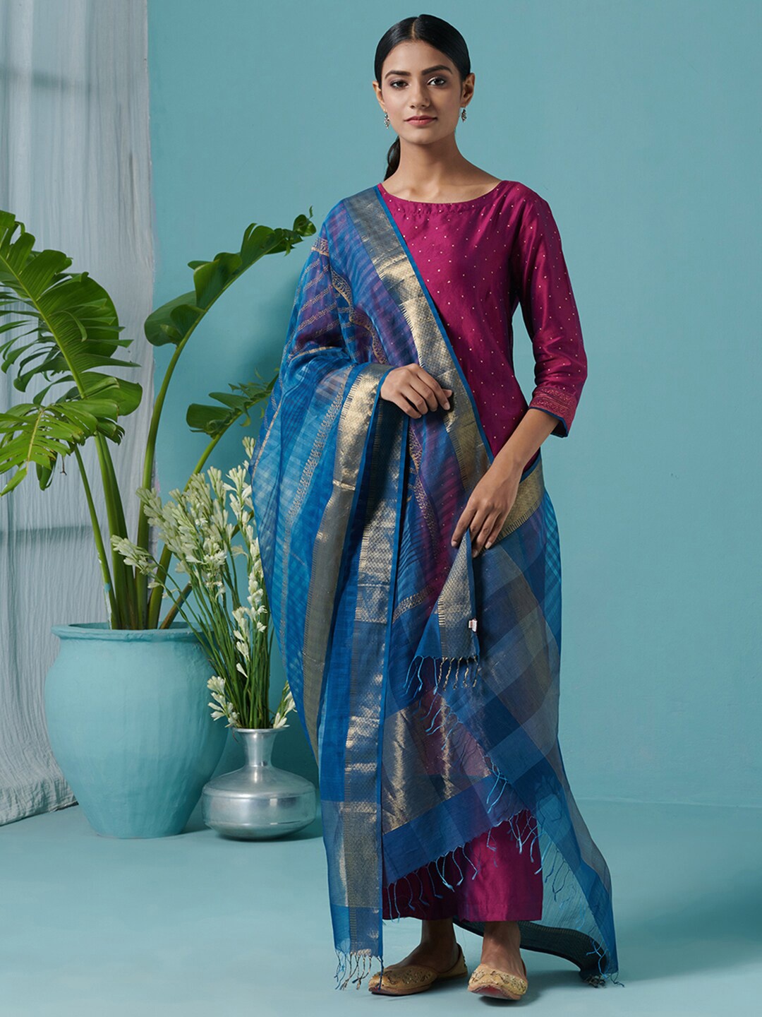 

Fabindia Striped Cotton Silk Dupatta With Zari, Blue