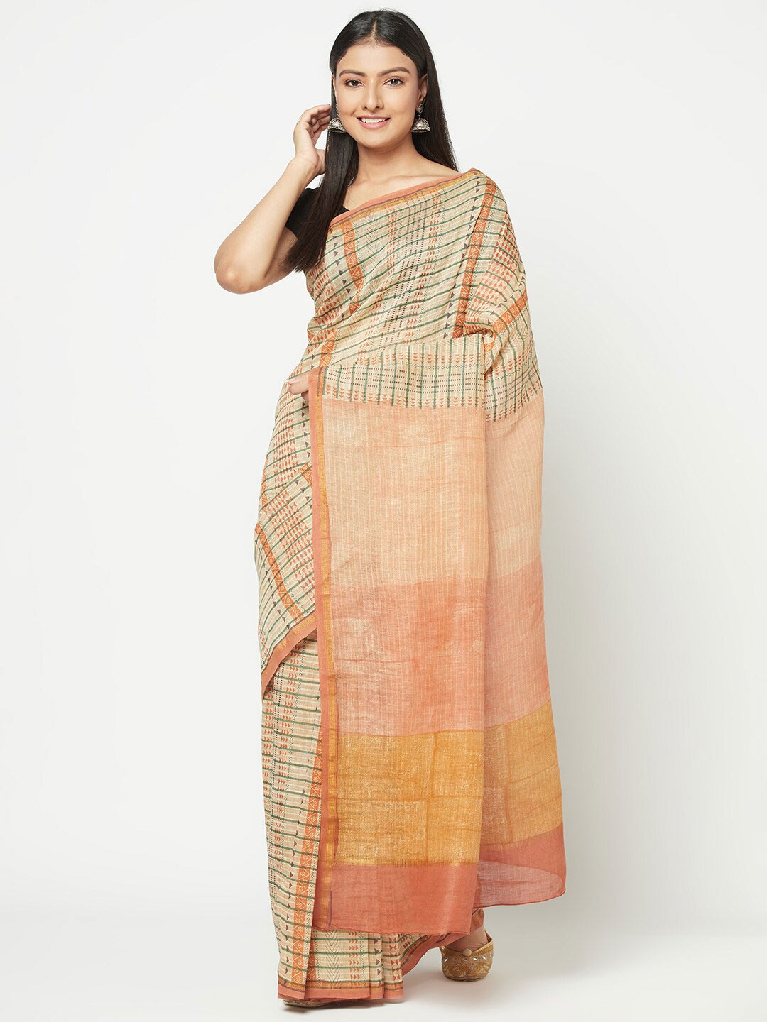 

Fabindia Striped Pure Linen Saree, Beige