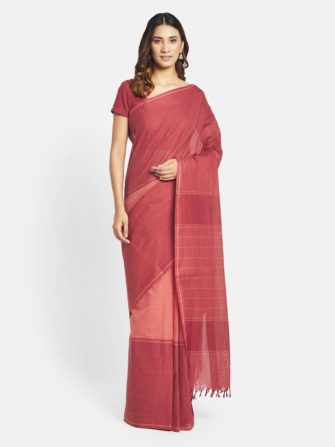 

Fabindia Striped Pure Cotton Saree, Pink