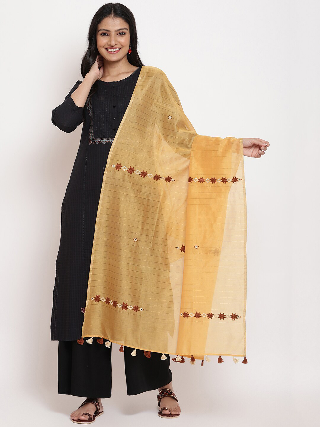 

Fabindia Ethnic Motifs Embroidered Cotton Silk Dupatta, Mustard