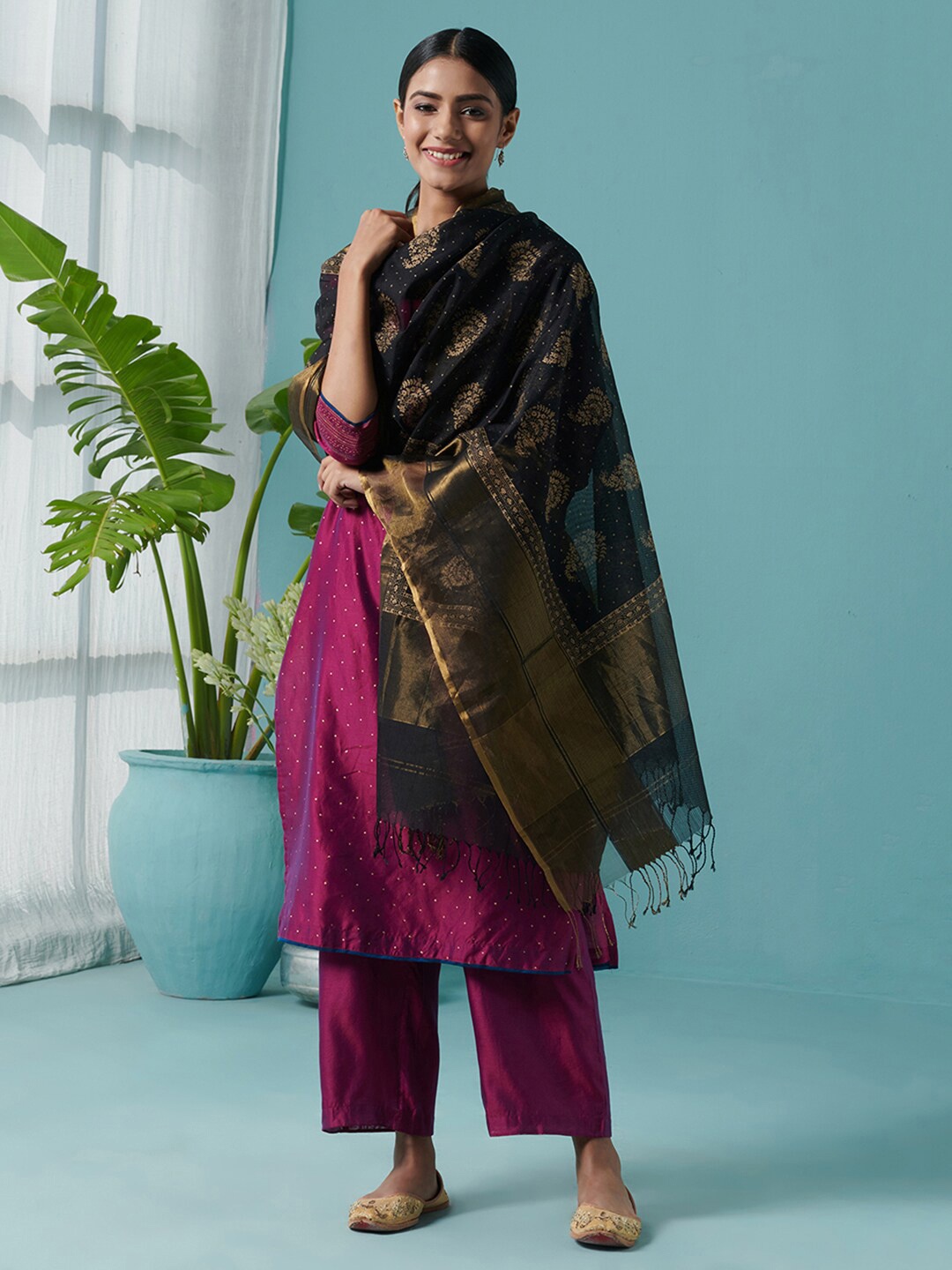 

Fabindia Ethnic Motifs Printed Cotton Silk Dupatta With Zari, Black