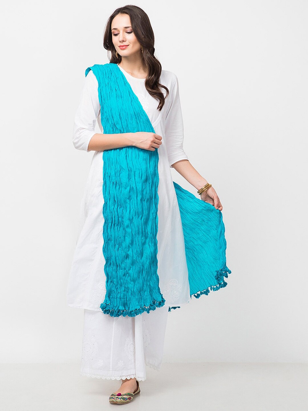 

Fabindia Crinkle Tasselled Cotton Dupatta, Turquoise blue