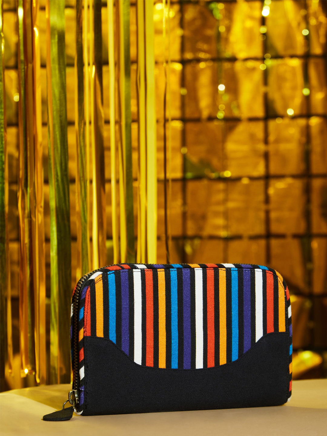

Fabindia Striped Purse Clutch, Black