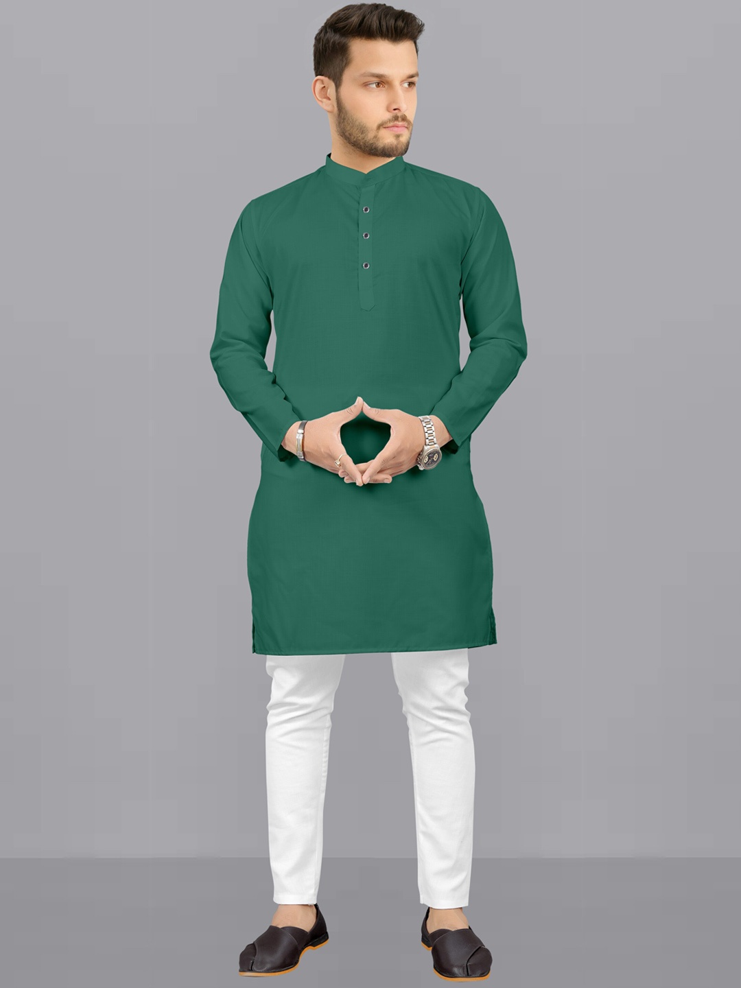 

Fashion FRICKS Mandarin Collar Kurta With Pyjamas, Green