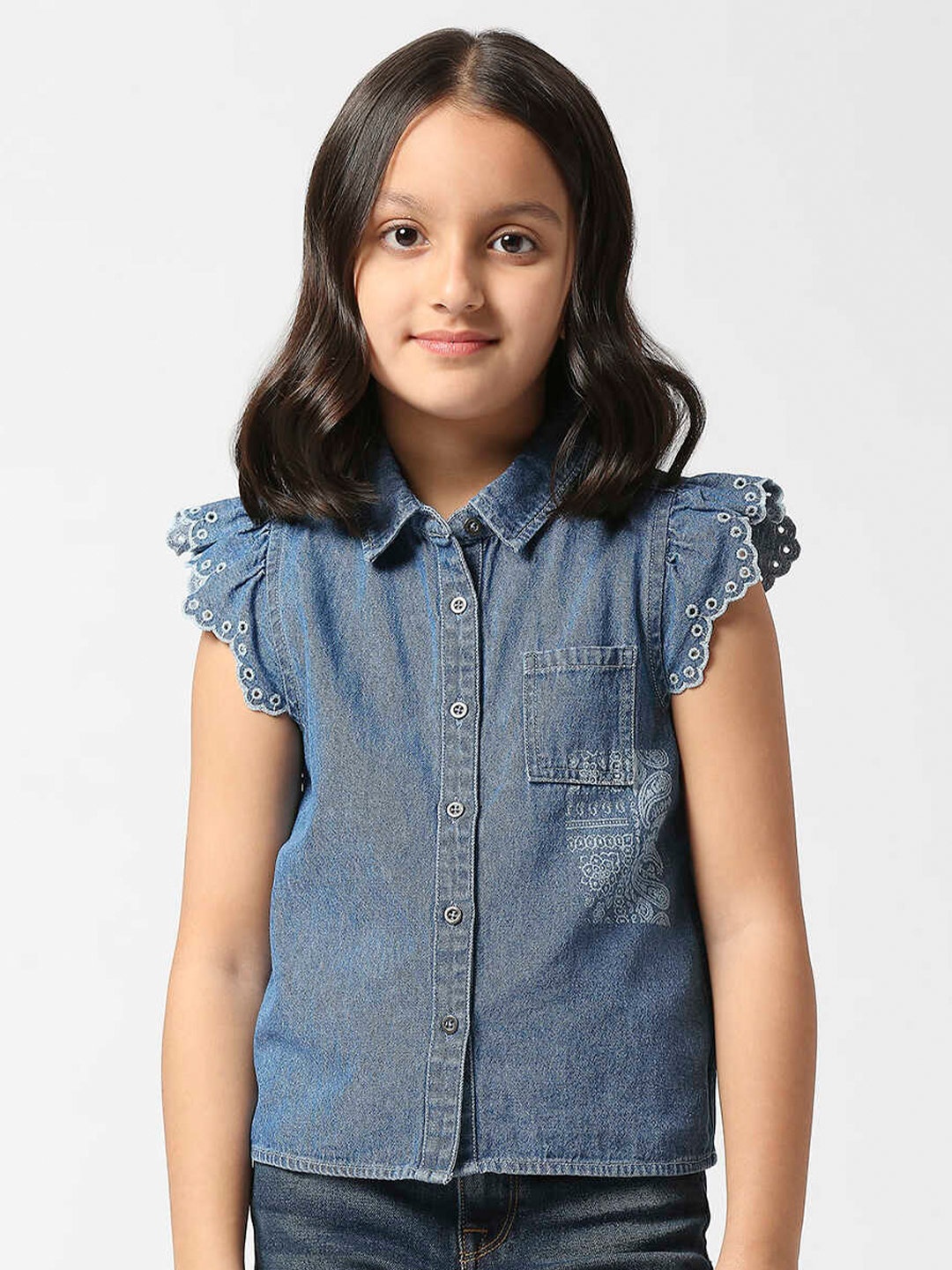 

Pepe Jeans Girls Flutter Sleeves Shirt Style Denim Top, Blue
