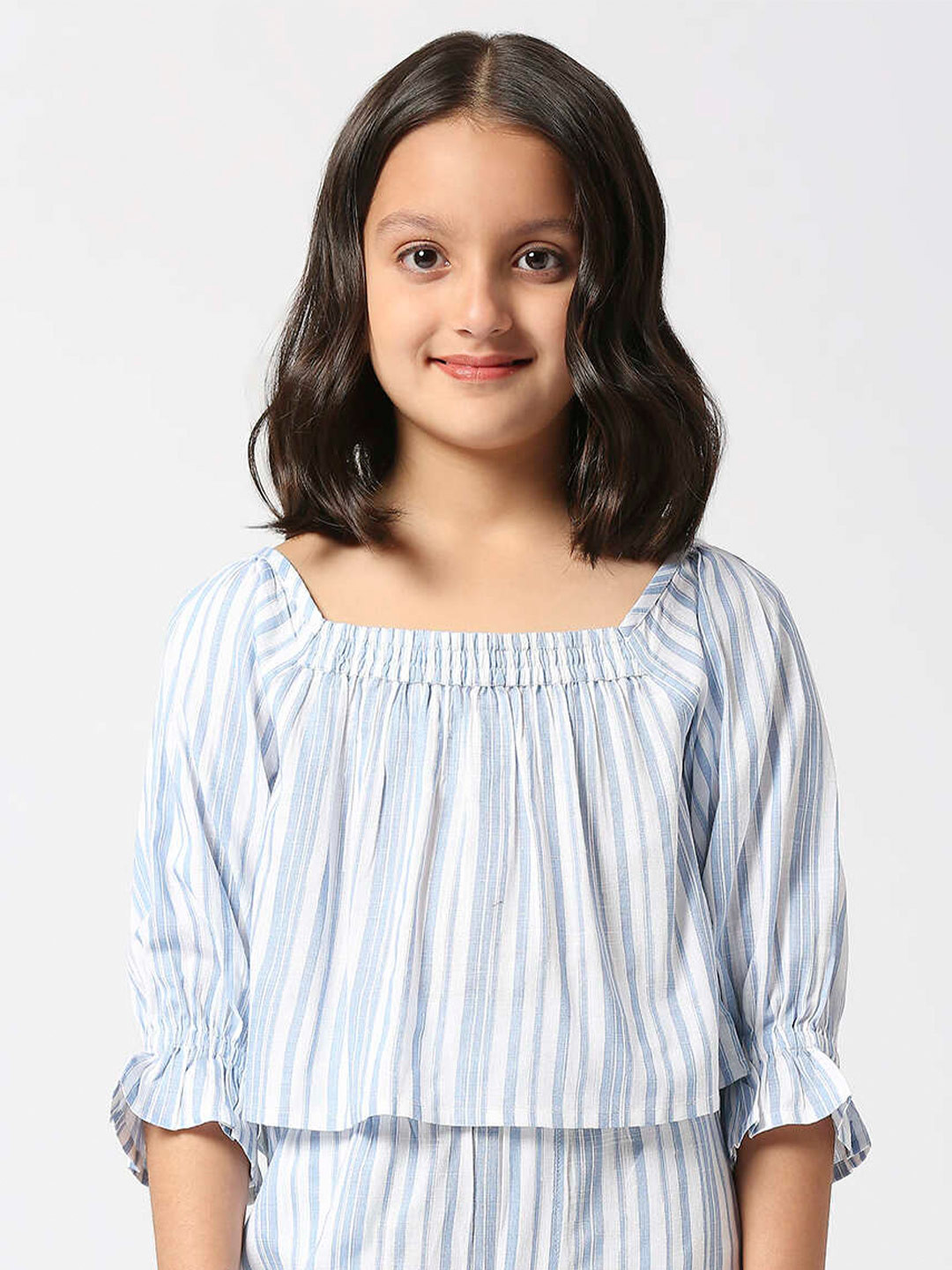 

Pepe Jeans Girls Puff Sleeves Gathered Square Neck Tops, Blue