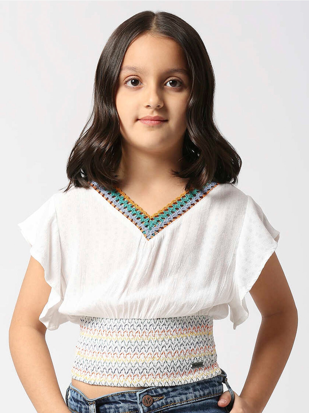 

Pepe Jeans Girls Flared Sleeves Smocking Hem Cinched Waist Top, White