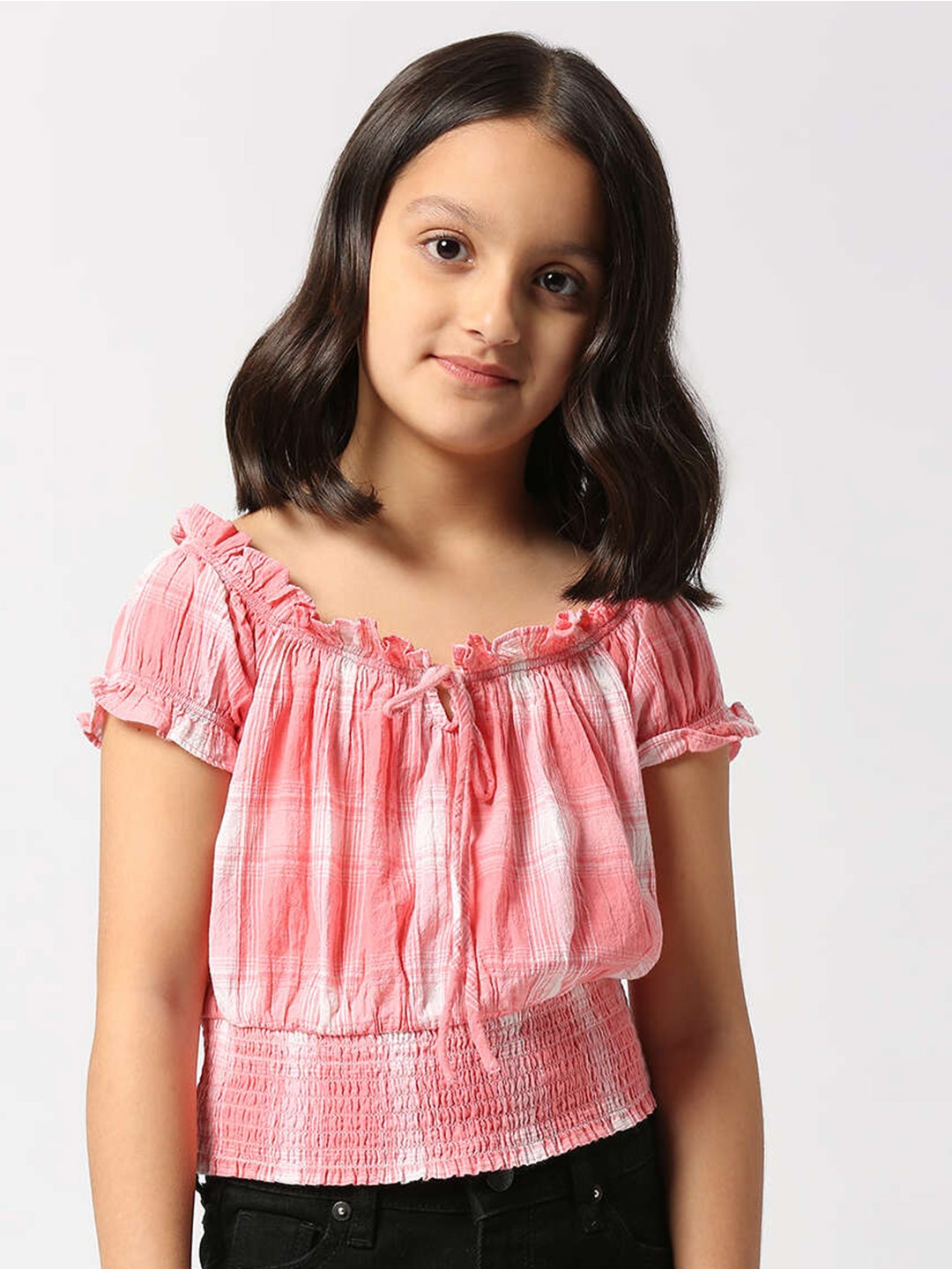 

Pepe Jeans Girls Checked Off-Shoulder Smocked Cotton Blouson Top, Red