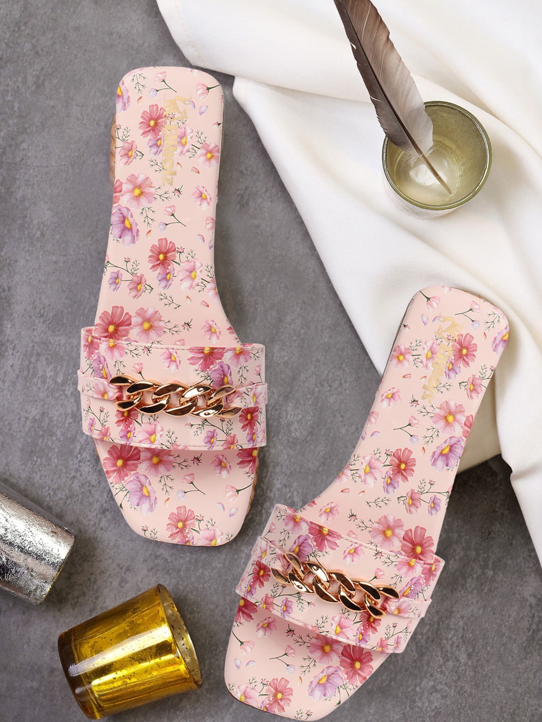 

Elibolz Chain Embellished Floral Printed Open Toe Flats, Pink