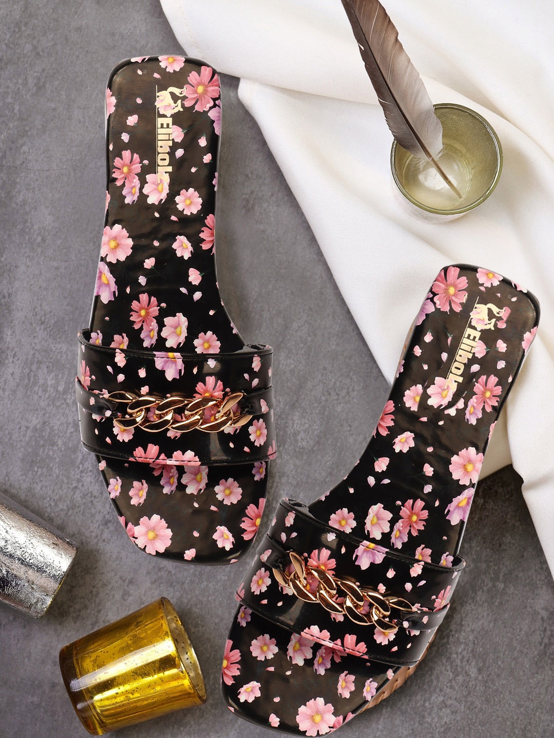 

Elibolz Chain Embellished Floral Printed Open Toe Flats, Black