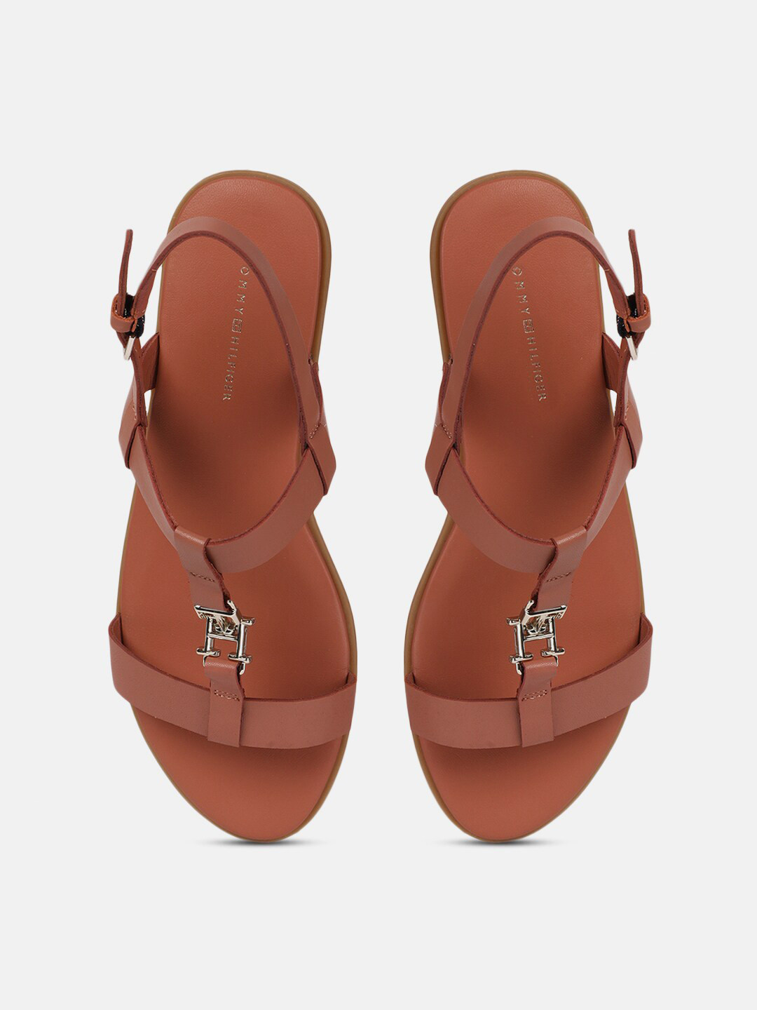 

Tommy Hilfiger Buckle Embellished Leather Open Toe Flats, Brown